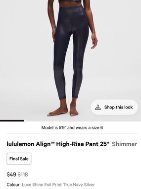 Lululemon True Navy Shimmer Align SZ 10 25”